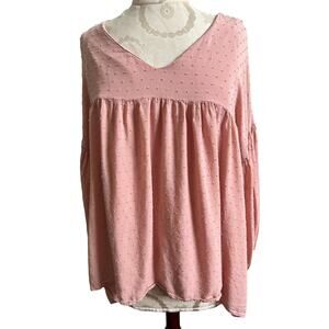 Versona Polka Dotted 3/4 Sleeve V-Neck Lined Babydoll Top Medium